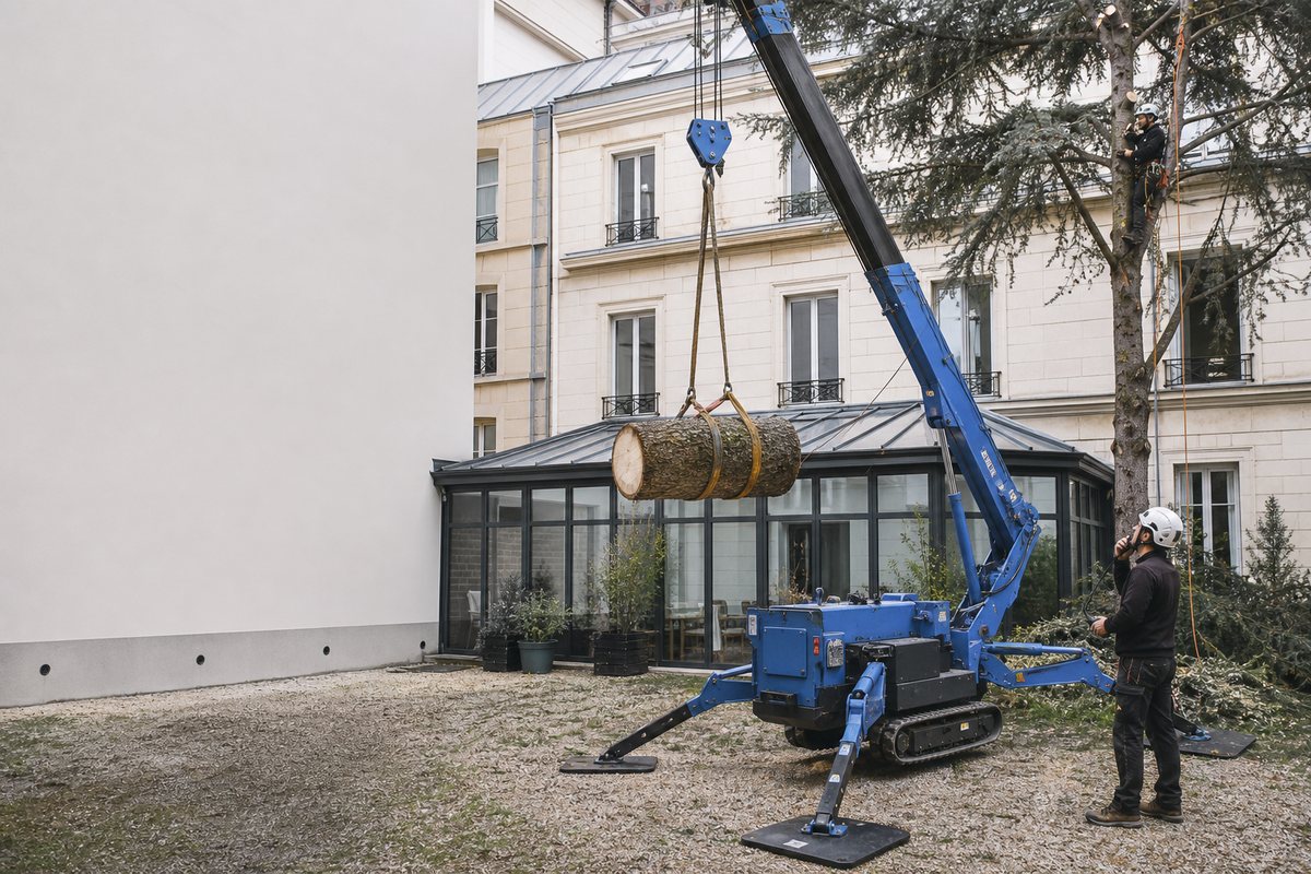 Mini-grue descendant un tronçon de cèdre dans une cour intérieure