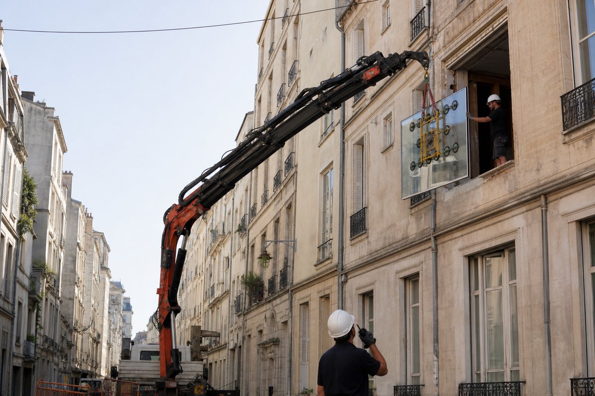 Baie vitrée levée par camion-grue vers la façade d’un immeuble