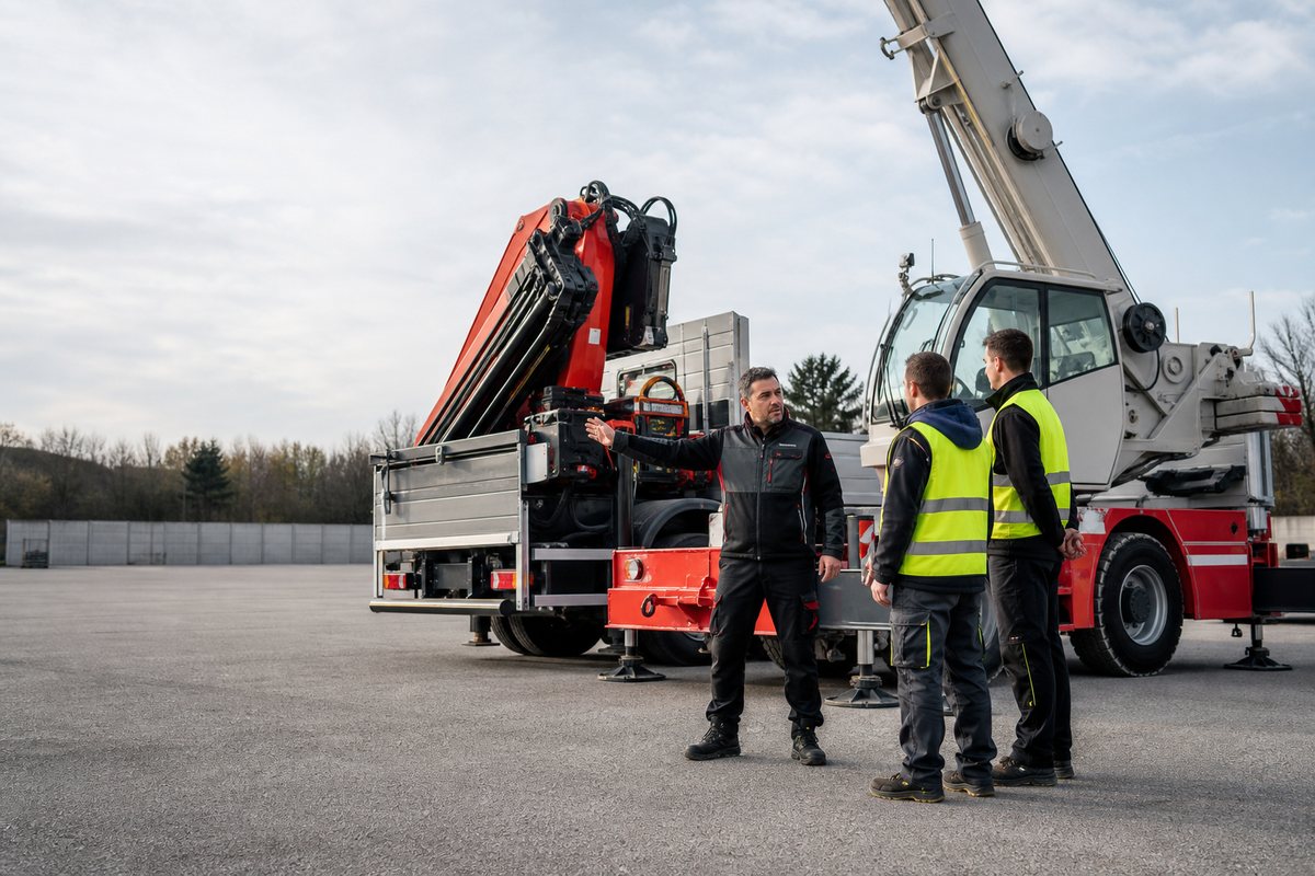 Formateur CACES avec deux stagiaires devant des grues de chargement et mobile