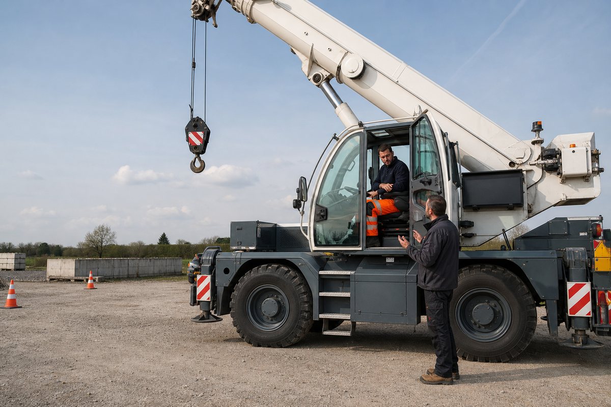 Stagiaire et formateur pendant une formation CACES R483 sur grue mobile