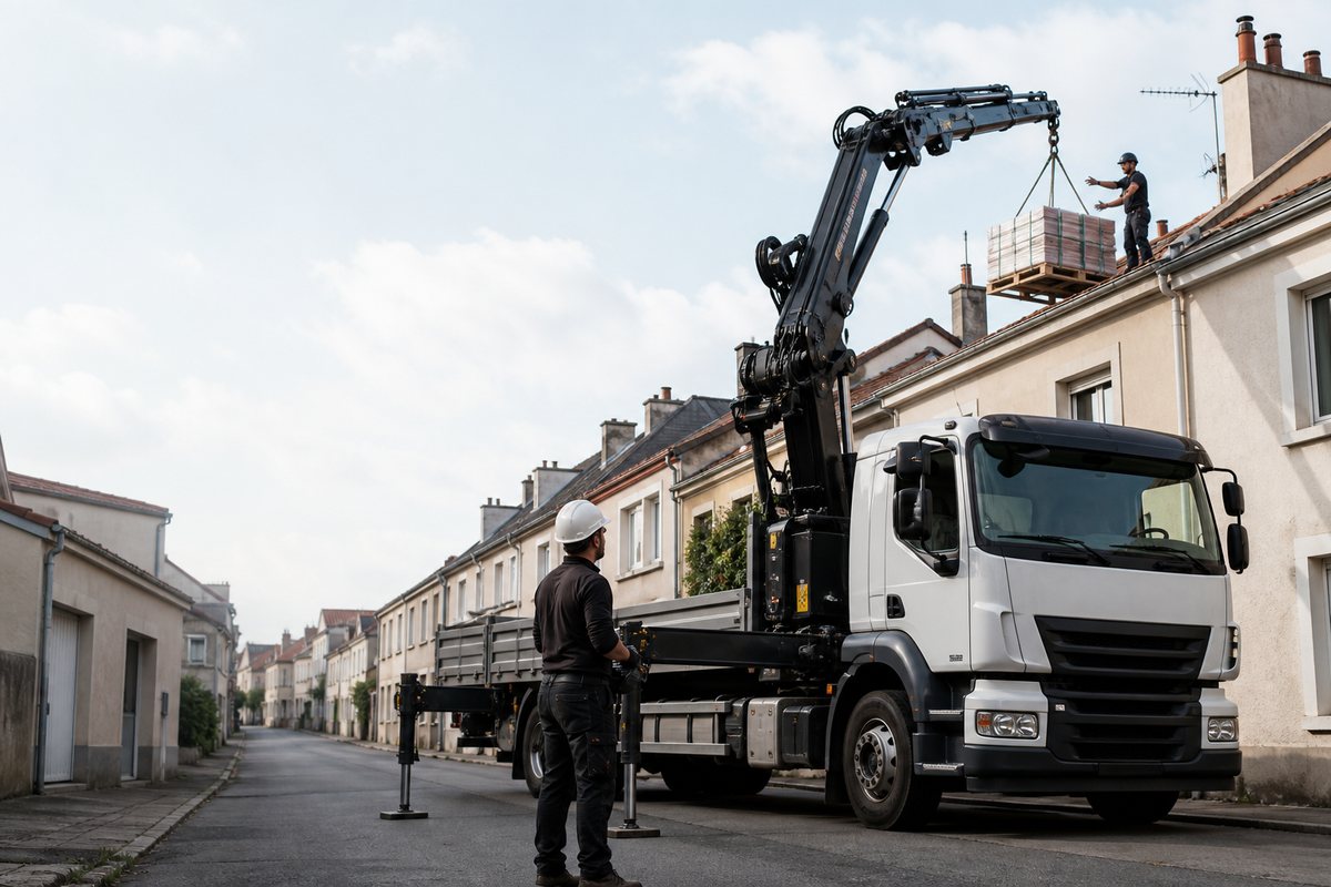 Camion-grue stabilisé dans une rue avec son chauffeur-grutier