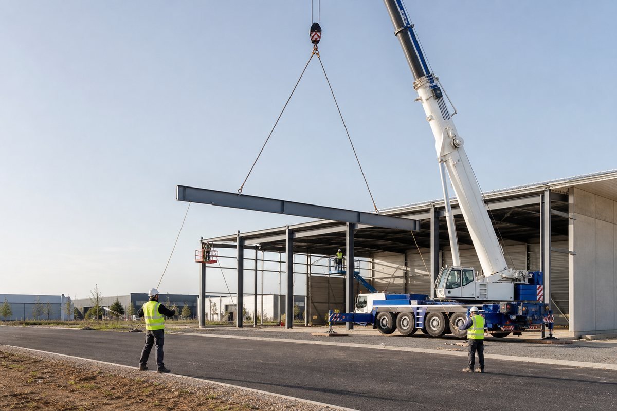 Grue mobile levant une poutre de charpente métallique d’entrepôt