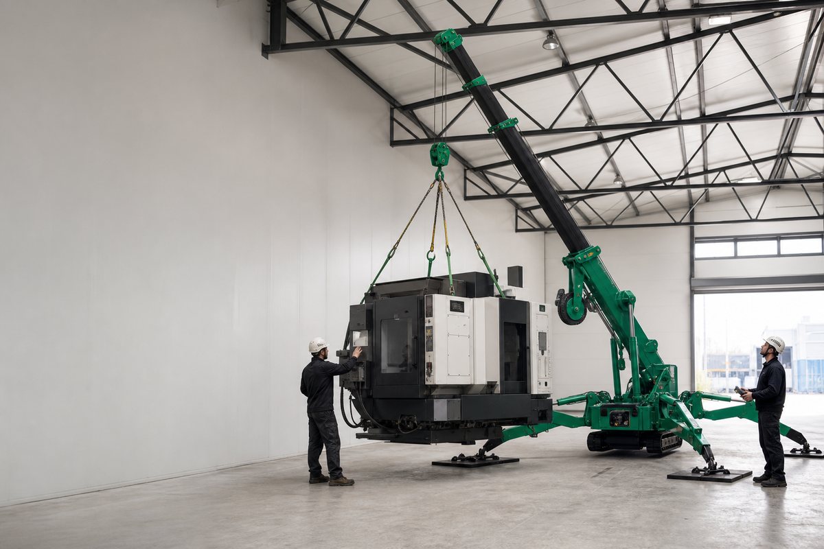 Mini-grue électrique déplaçant une machine-outil dans un atelier