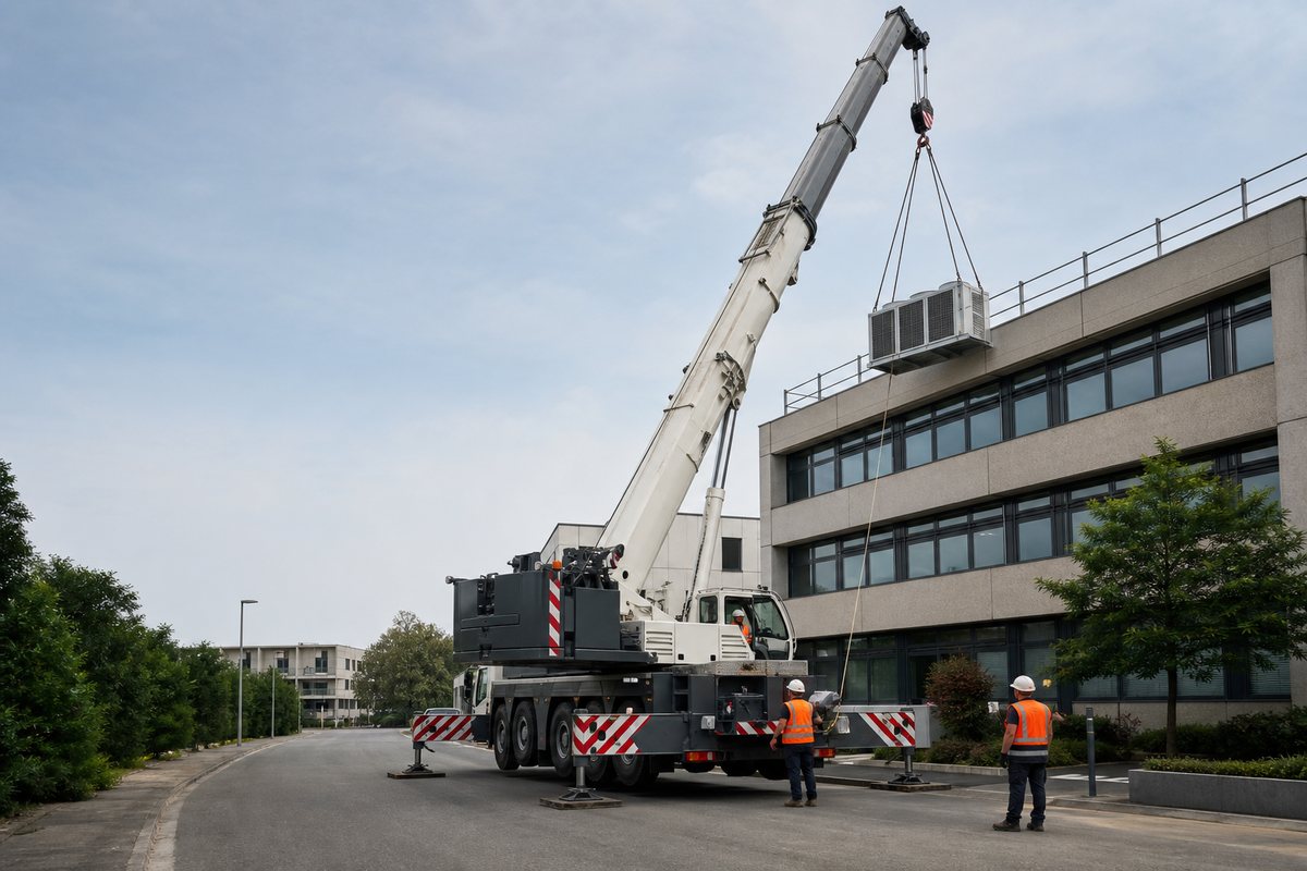 Grue mobile automotrice levant un équipement vers une toiture