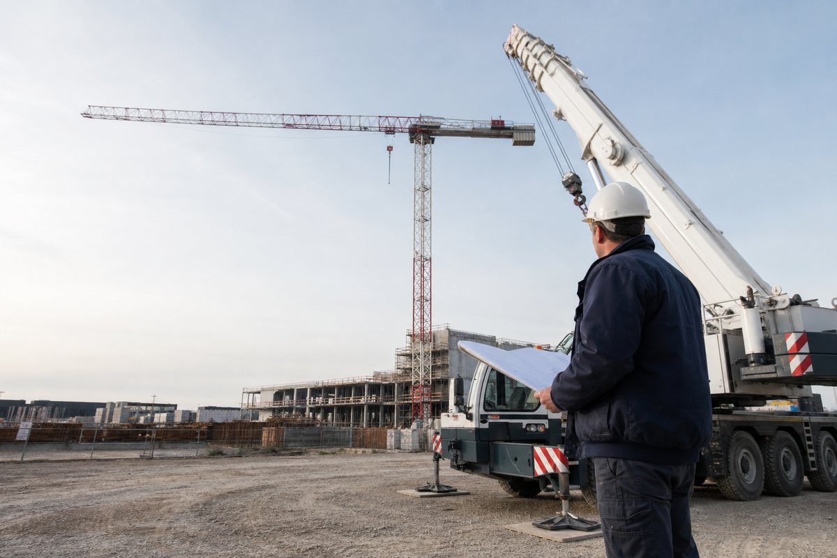 Grue à tour dressée sur un chantier de bâtiment, flèche déployée