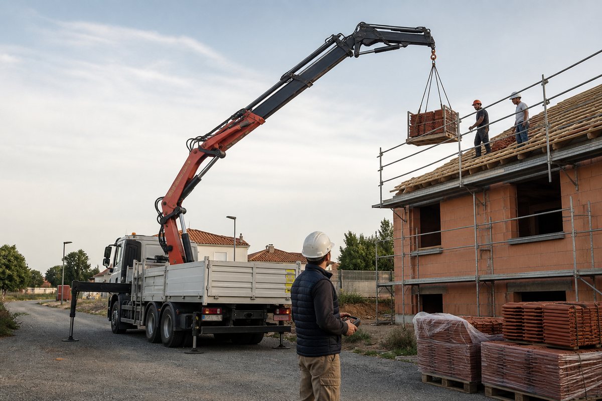 Camion-grue livrant une palette de tuiles à des couvreurs