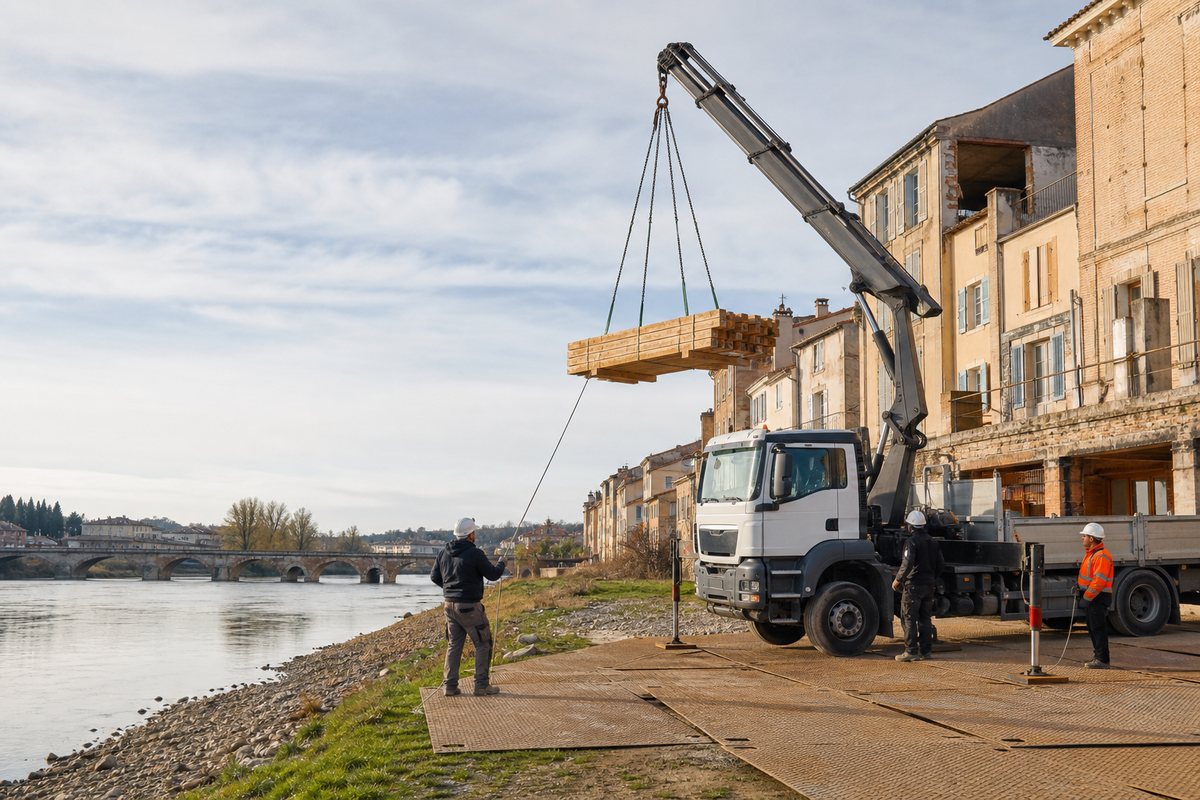 Mise en situation d’un camion-grue européen avec une équipe de levage pour rénovation en bordure de garonne, dans un environnement inspiré de Agen