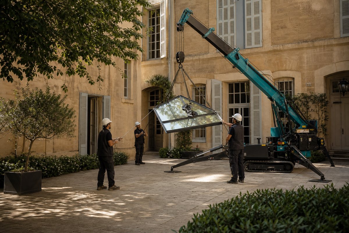 Mise en situation d’un mini-grue araignée avec une équipe de levage pour rénovation de cour, hôtel particulier du quartier mazarin, dans un environnement inspiré de Aix-en-Provence