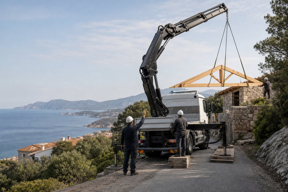 Mise en situation d’un camion-grue européen avec une équipe de levage pour pose de charpente sur villa de la route des sanguinaires, dans un environnement inspiré de Ajaccio