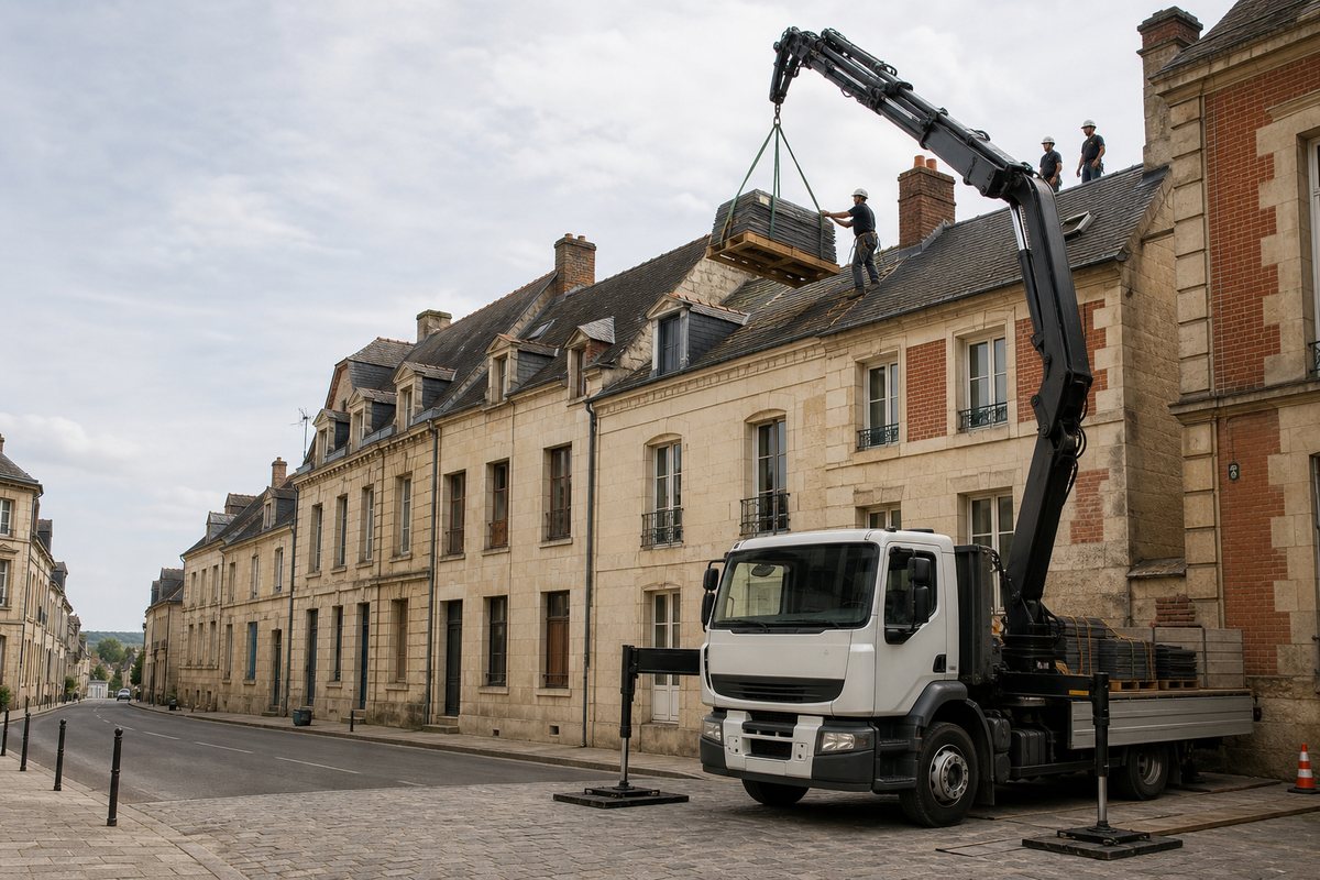 Mise en situation d’un camion-grue européen avec une équipe de levage pour charpente d'un pavillon, périphérie d'alençon, dans un environnement inspiré de Alençon