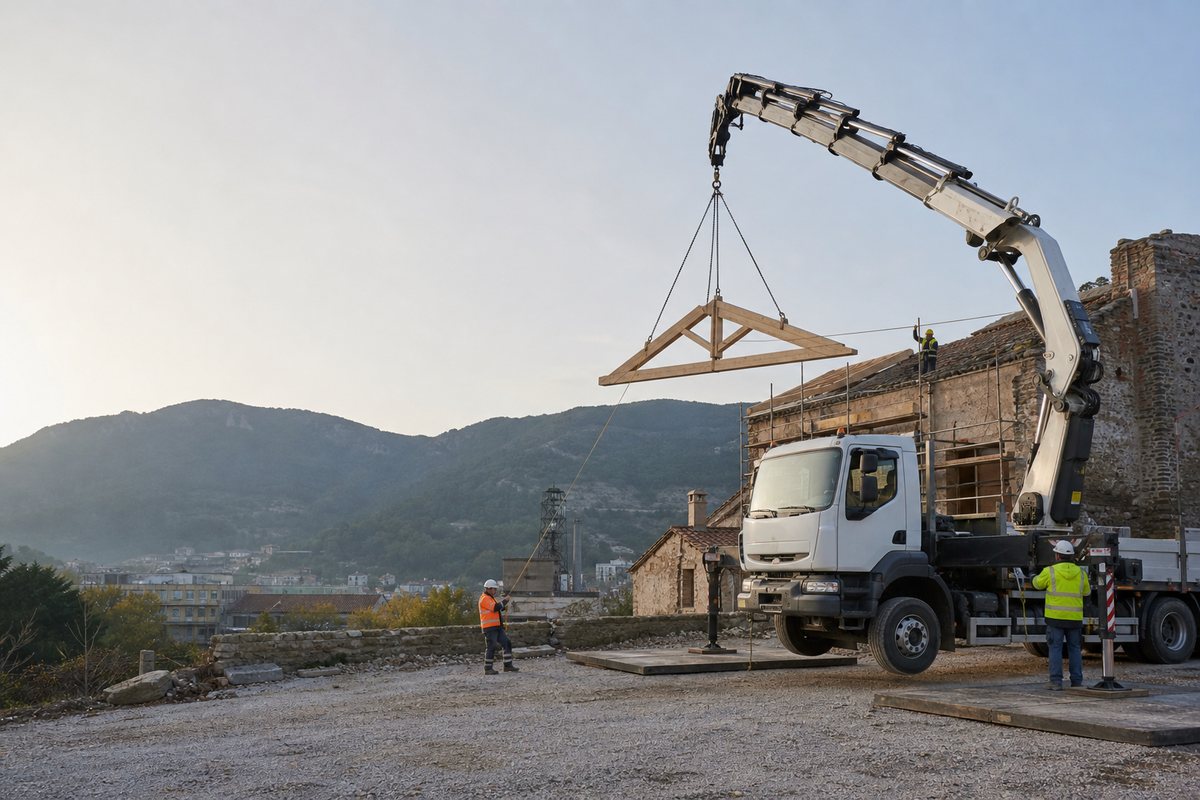 Mise en situation d’un camion-grue européen avec une équipe de levage pour levage sur ancien secteur minier de rochebelle, dans un environnement inspiré de Alès
