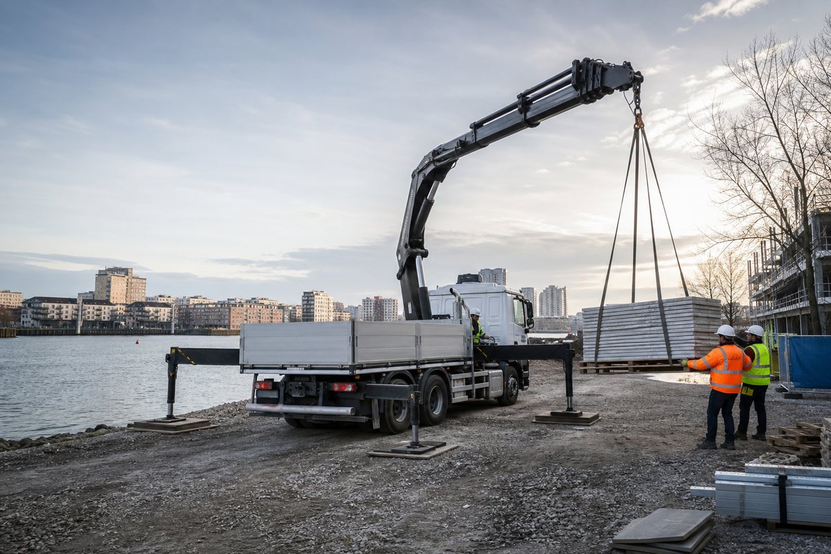 Mise en situation d’un camion-grue européen avec une équipe de levage pour déchargement de matériaux en berge de seine, dans un environnement inspiré de Alfortville