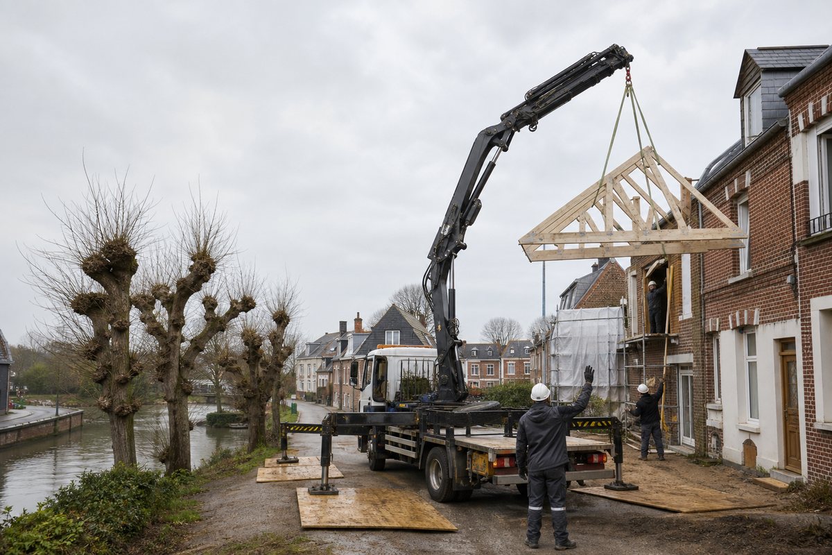 Mise en situation d’un camion-grue européen avec une équipe de levage pour pose de charpente sur maison de ville à henriville, dans un environnement inspiré de Amiens