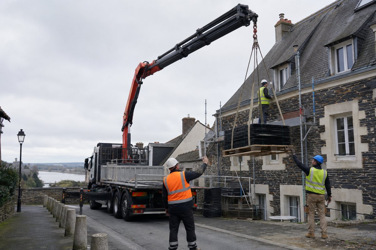 Mise en situation d’un camion-grue européen avec une équipe de levage pour couverture ardoise, quartier de la doutre, dans un environnement inspiré de Angers