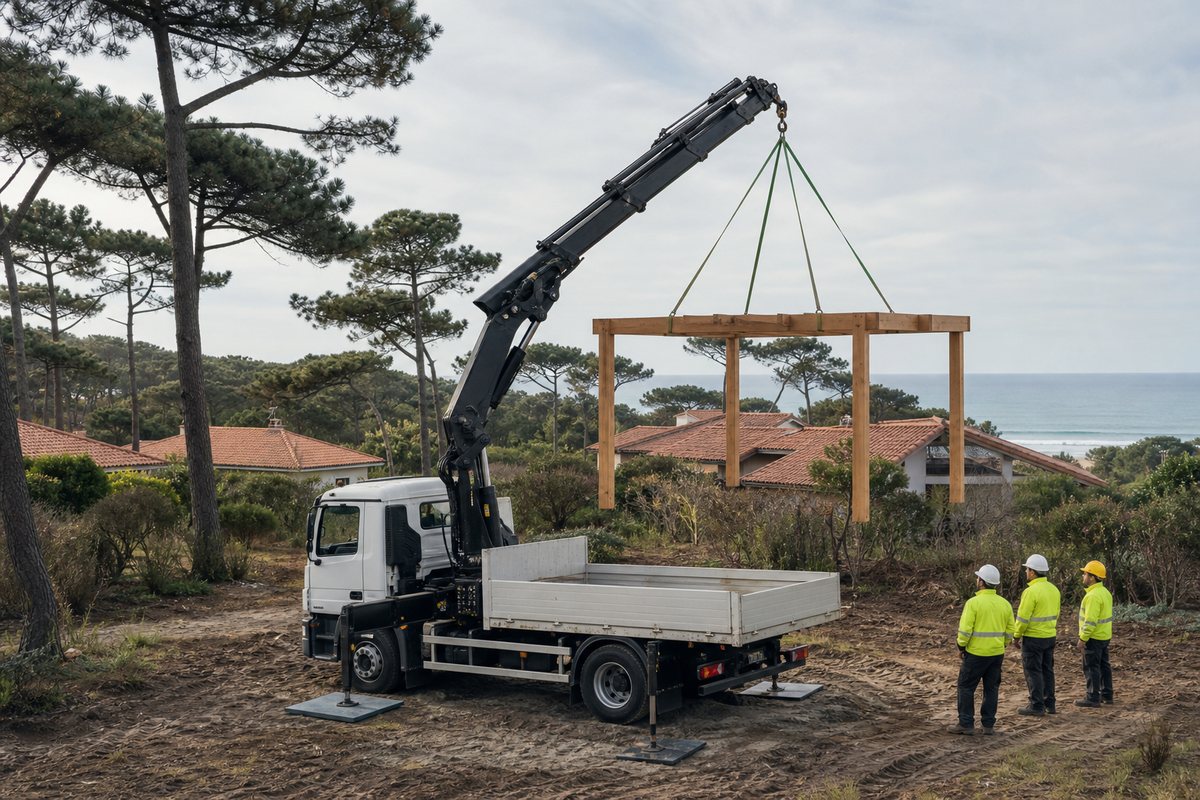 Mise en situation d’un camion-grue européen avec une équipe de levage pour rénovation de villa en cité-jardin, dans un environnement inspiré de Anglet