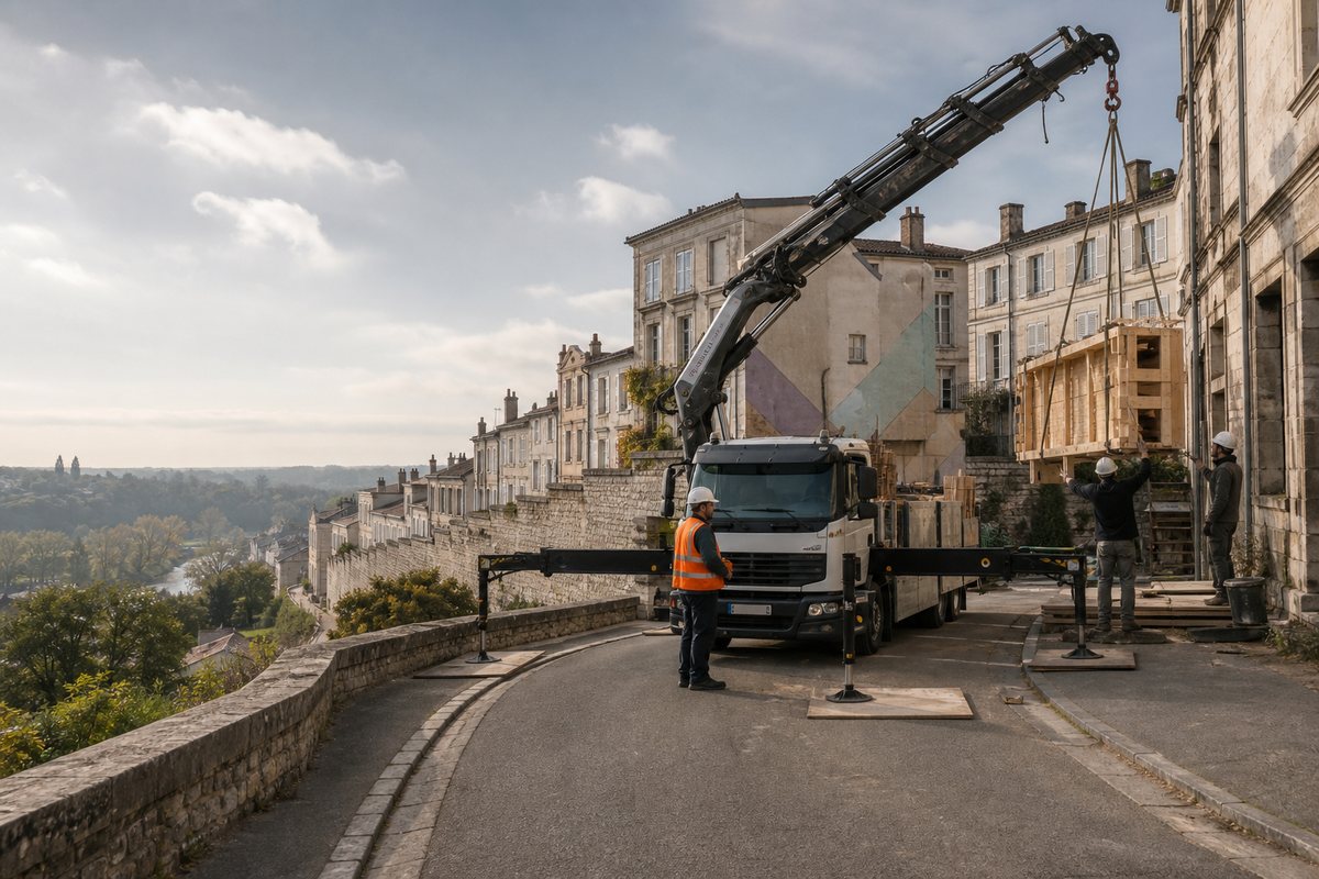 Mise en situation d’un camion-grue européen avec une équipe de levage pour restauration en secteur sauvegardé du plateau, dans un environnement inspiré de Angoulême