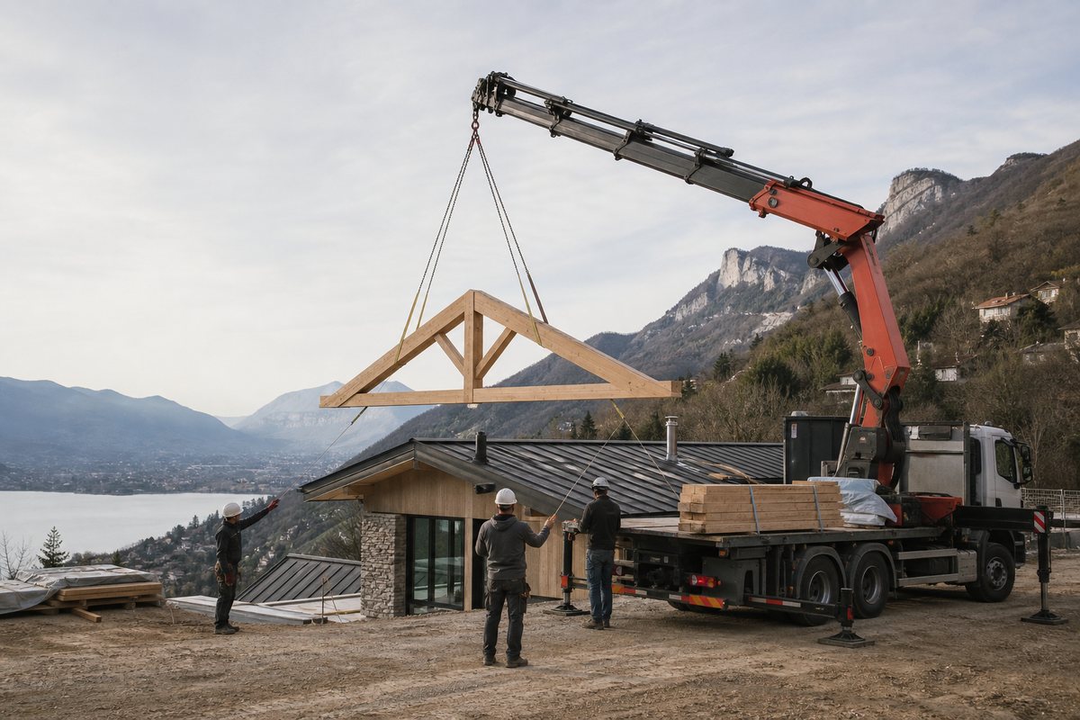 Mise en situation d’un camion-grue européen avec une équipe de levage pour charpente de chalet sur les hauteurs de seynod, dans un environnement inspiré de Annecy