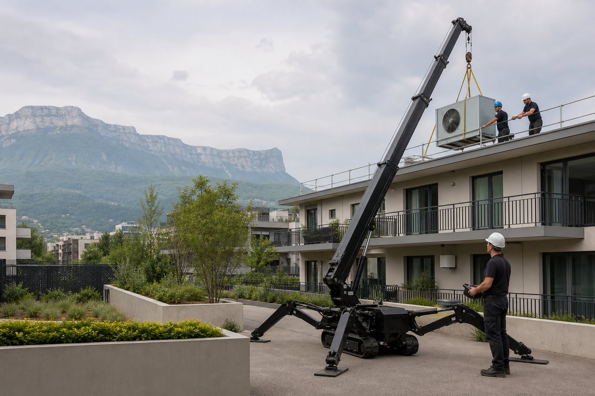 Mise en situation d’un mini-grue araignée avec une équipe de levage pour extension pavillon quartier du salève, dans un environnement inspiré de Annemasse