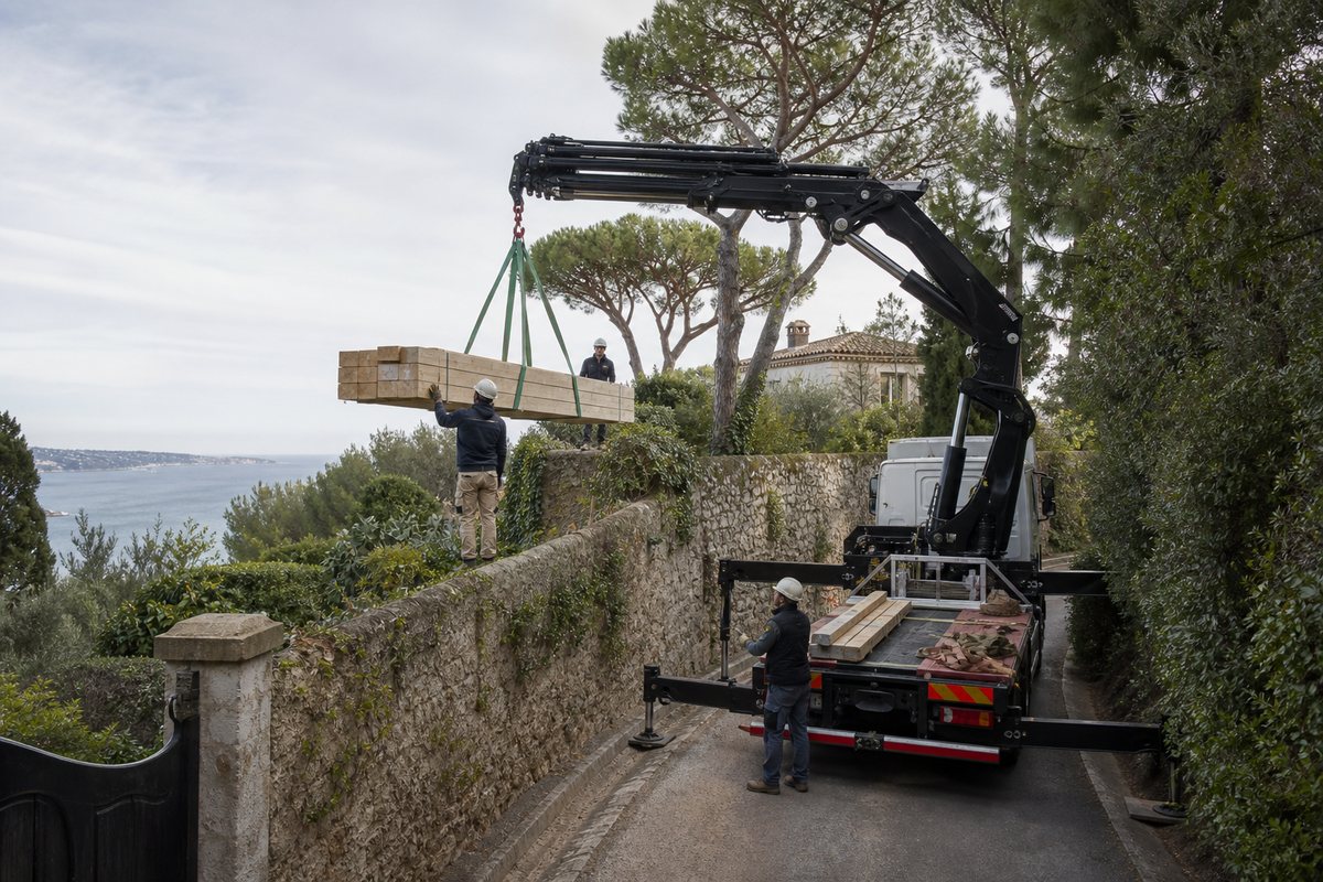 Mise en situation d’un camion-grue européen avec une équipe de levage pour mâtage de voilier au port vauban, dans un environnement inspiré de Antibes