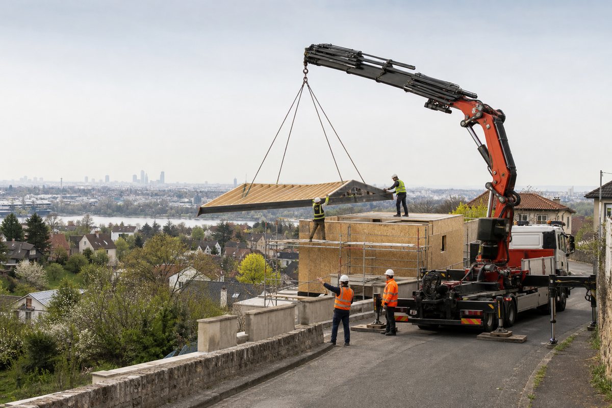 Mise en situation d’un camion-grue européen avec une équipe de levage pour surélévation de pavillon au vieux pays, dans un environnement inspiré de Argenteuil