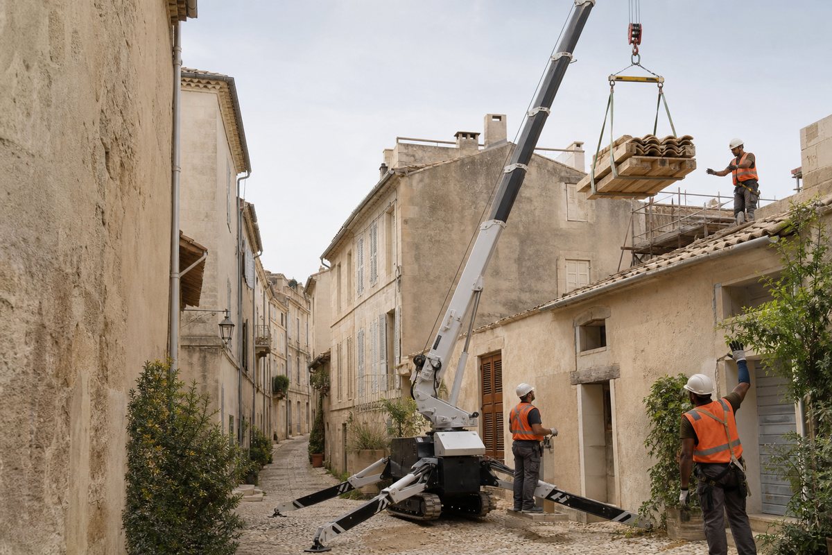 Mise en situation d’un mini-grue araignée avec une équipe de levage pour restauration de toiture en centre ancien, dans un environnement inspiré de Arles