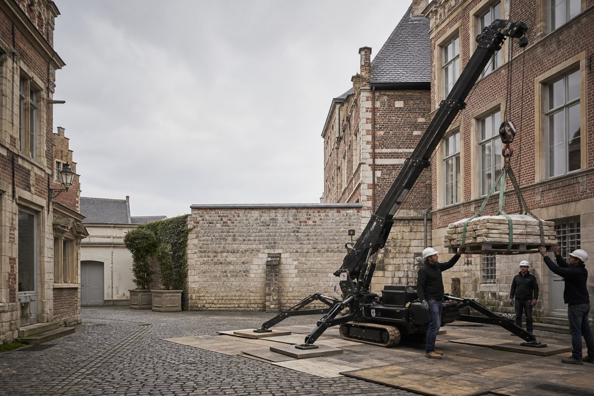 Mise en situation d’un mini-grue araignée avec une équipe de levage pour rénovation façade sur la grand-place, dans un environnement inspiré de Arras