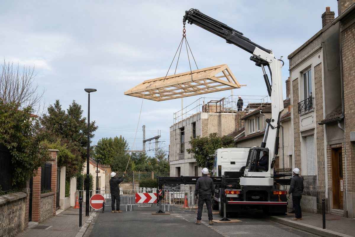 Mise en situation d’un camion-grue européen avec une équipe de levage pour surélévation de pavillon au village, dans un environnement inspiré de Asnières-sur-Seine