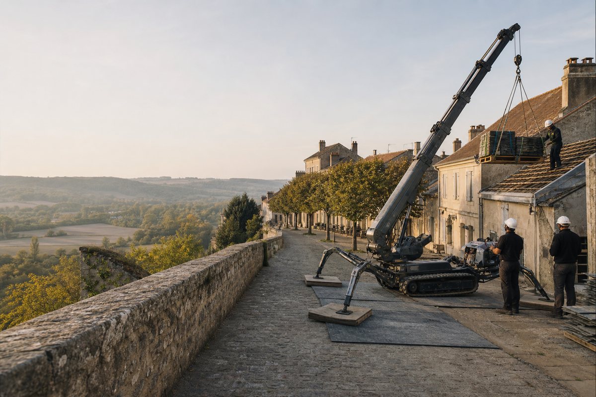Mise en situation d’un mini-grue araignée avec une équipe de levage pour réfection de toiture, ville haute, dans un environnement inspiré de Auch