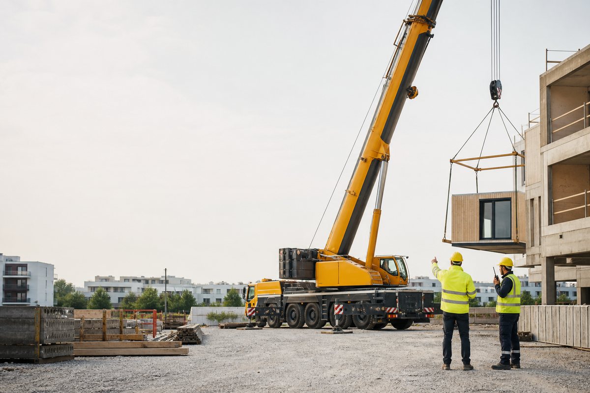 Grutier et chef de chantier devant une grue mobile en opération