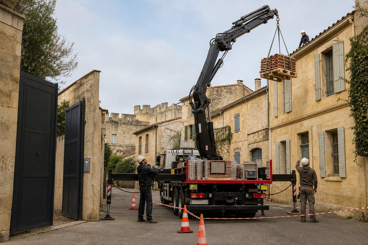 Mise en situation d’un camion-grue européen avec une équipe de levage pour réfection de toiture d'hôtel particulier intra-muros, dans un environnement inspiré de Avignon