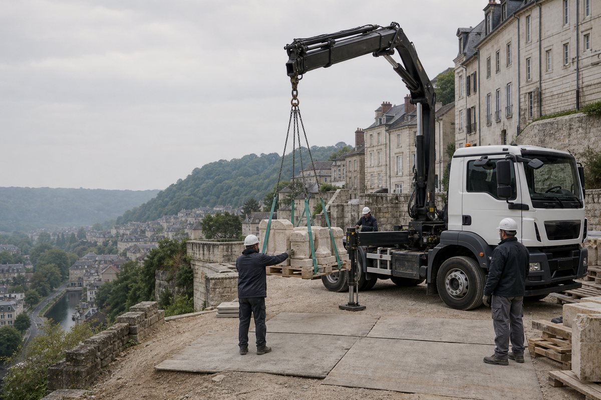 Mise en situation d’un camion-grue européen avec une équipe de levage pour restauration d'une façade, ville haute renaissance, dans un environnement inspiré de Bar-le-Duc