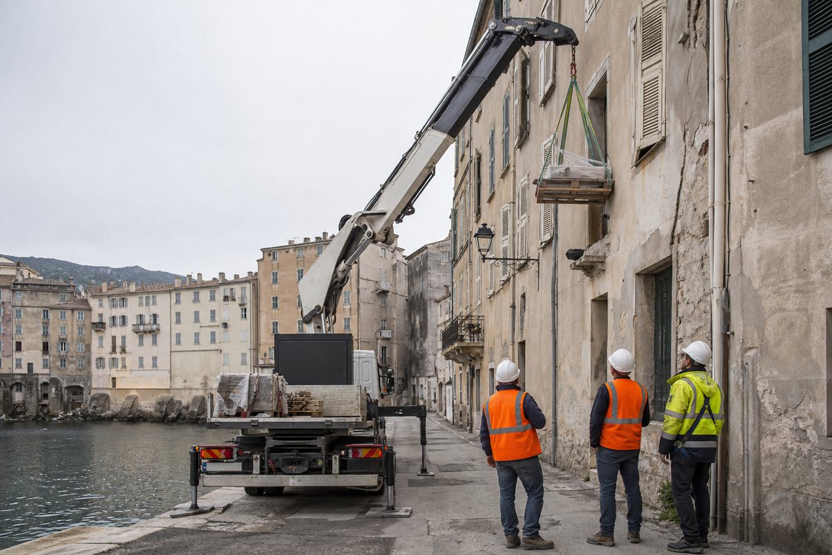 Mise en situation d’un camion-grue européen avec une équipe de levage pour rénovation de façade en terra vecchia, dans un environnement inspiré de Bastia
