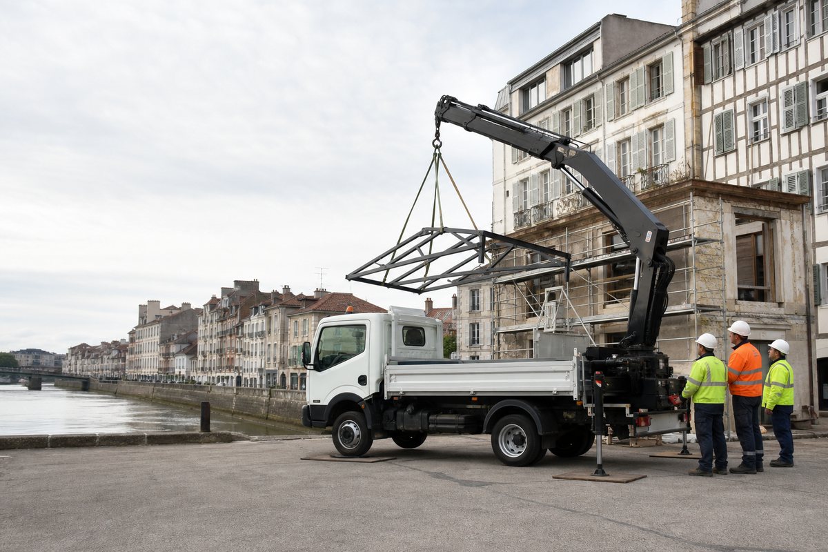 Mise en situation d’un camion-grue européen avec une équipe de levage pour levage en bord d'adour, dans un environnement inspiré de Bayonne