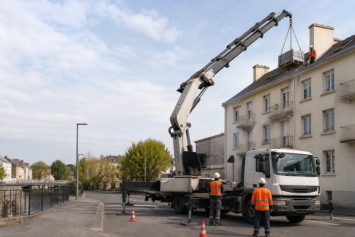 Mise en situation d’un camion-grue européen avec une équipe de levage pour couverture d'immeuble du centre reconstruit, dans un environnement inspiré de Beauvais