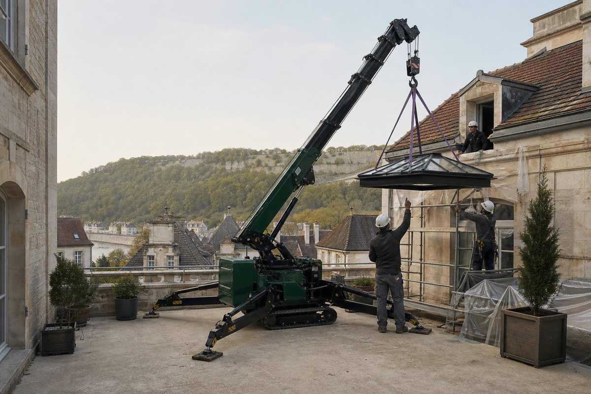Mise en situation d’un mini-grue araignée avec une équipe de levage pour pose de plancher bois en cour intérieure, quartier battant, dans un environnement inspiré de Besançon