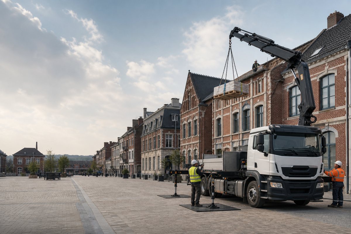 Mise en situation d’un camion-grue européen avec une équipe de levage pour rénovation près de la grand-place, dans un environnement inspiré de Béthune