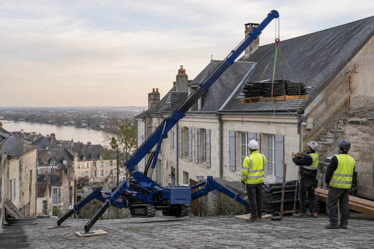 Mise en situation d’un mini-grue araignée avec une équipe de levage pour restauration de toiture en secteur sauvegardé, dans un environnement inspiré de Blois