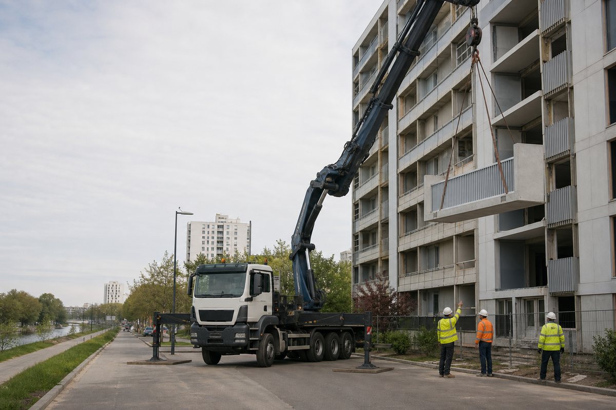 Mise en situation d’un camion-grue européen avec une équipe de levage pour rénovation en grand ensemble, dans un environnement inspiré de Bobigny