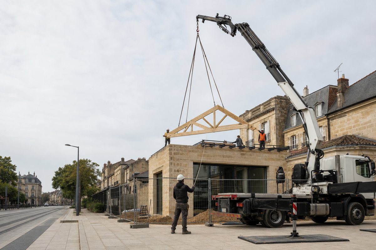 Mise en situation d’un camion-grue européen avec une équipe de levage pour surélévation d'échoppe, quartier saint-genès, dans un environnement inspiré de Bordeaux