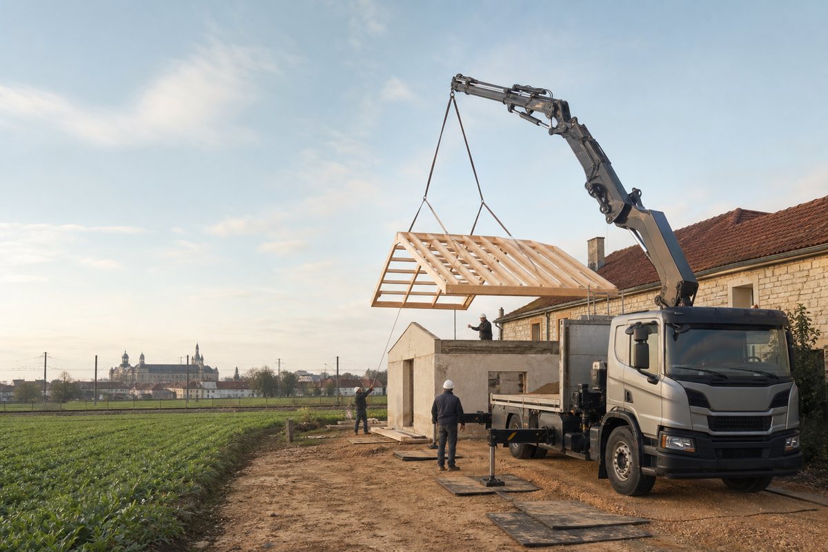 Mise en situation d’un camion-grue européen avec une équipe de levage pour charpente à proximité du quartier de brou, dans un environnement inspiré de Bourg-en-Bresse