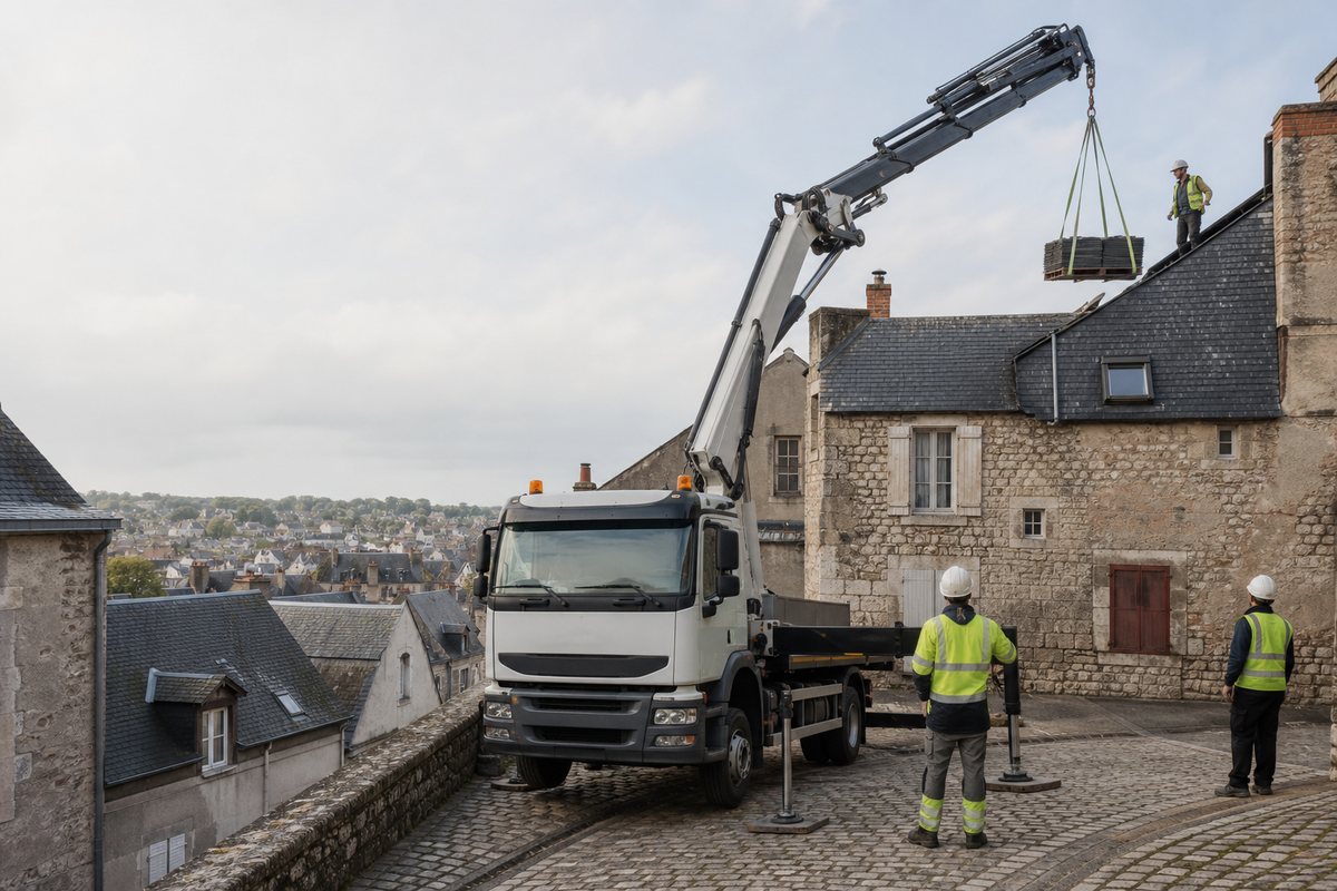 Mise en situation d’un camion-grue européen avec une équipe de levage pour réfection de couverture en ville haute, dans un environnement inspiré de Bourges