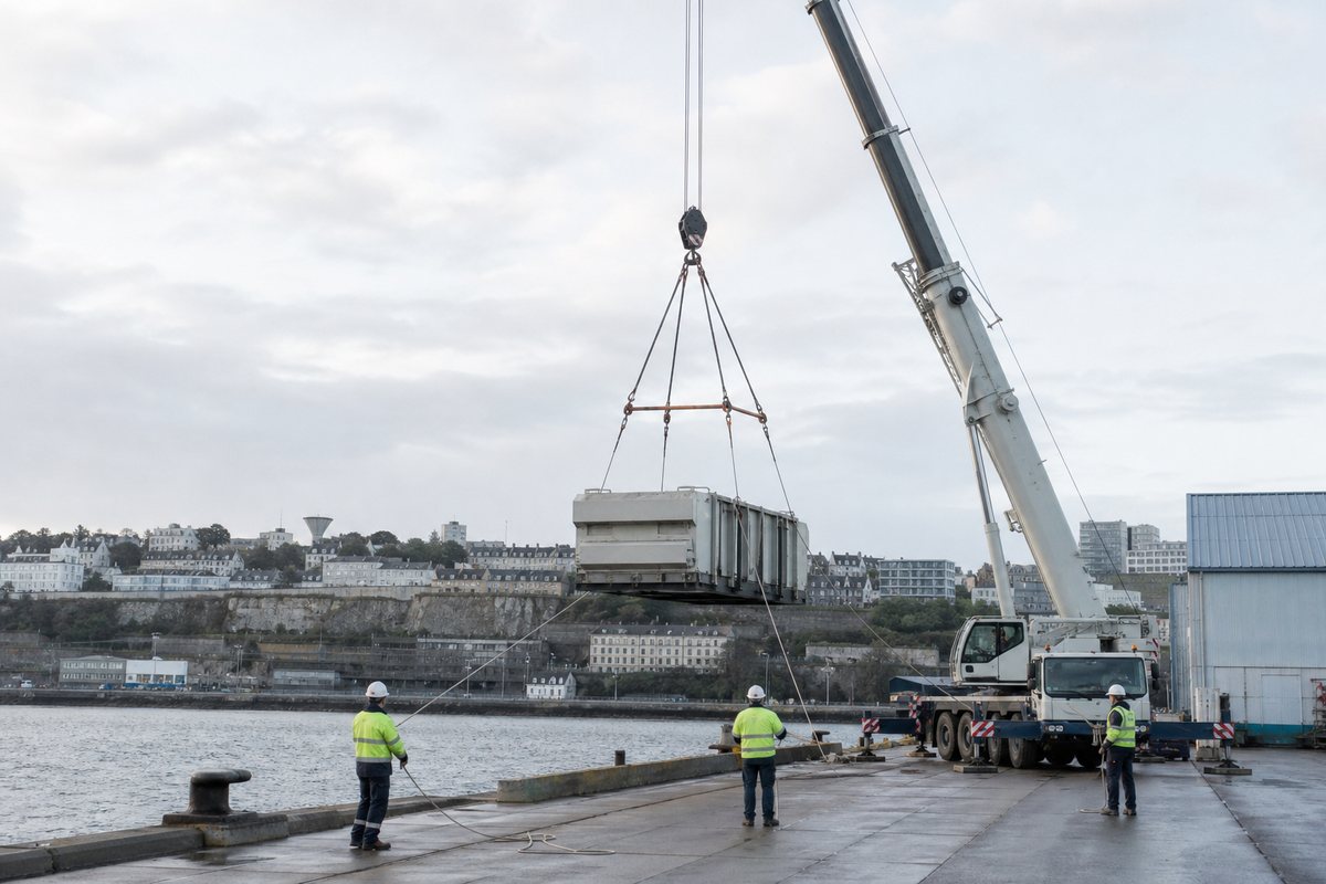 Mise en situation d’un grue mobile automotrice avec une équipe de levage pour levage sur quai, port de commerce, dans un environnement inspiré de Brest