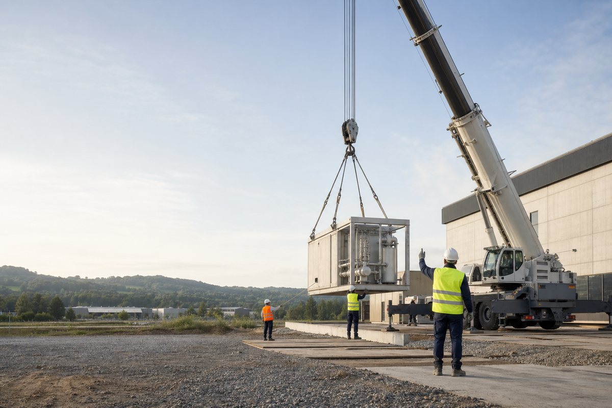 Mise en situation d’un grue mobile automotrice avec une équipe de levage pour manutention logistique, zone de brive-laroche, dans un environnement inspiré de Brive-la-Gaillarde