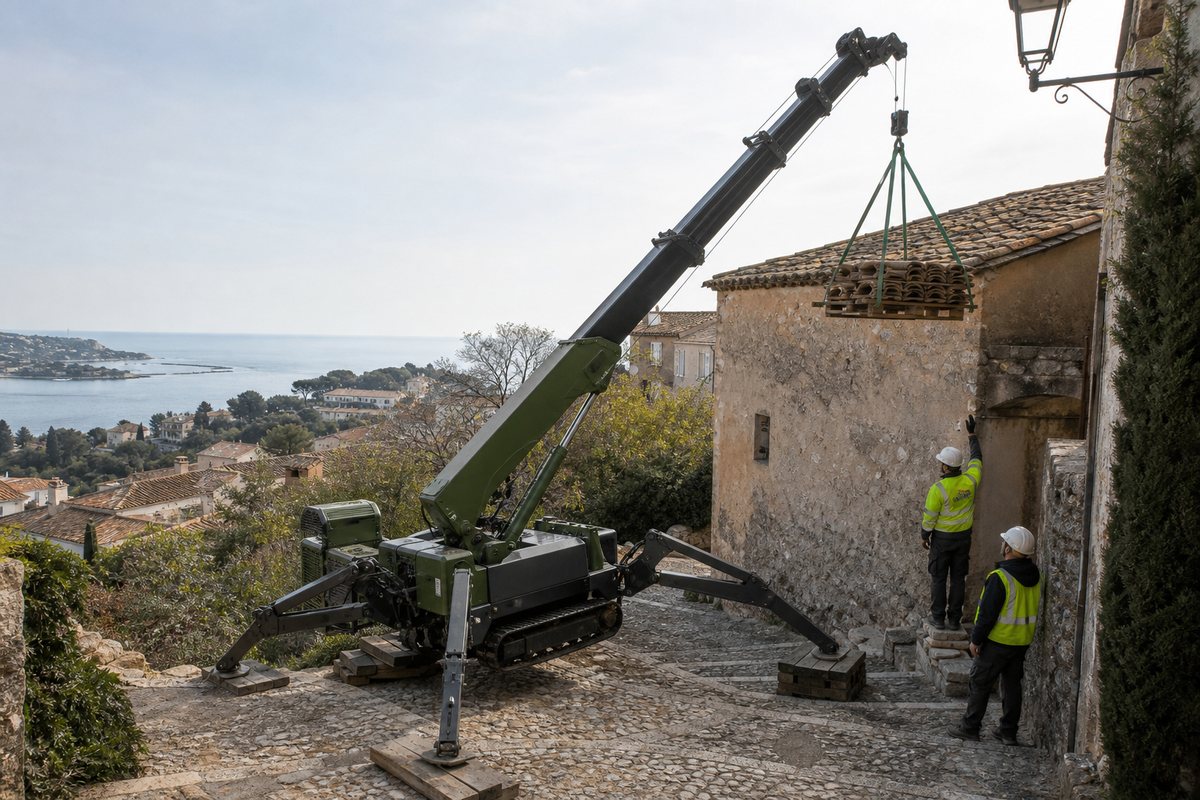 Mise en situation d’un mini-grue araignée avec une équipe de levage pour rénovation au haut-de-cagnes, dans un environnement inspiré de Cagnes-sur-Mer