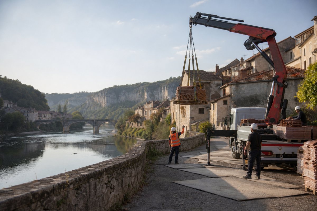 Mise en situation d’un camion-grue européen avec une équipe de levage pour levage d'une charpente, causse du quercy, dans un environnement inspiré de Cahors