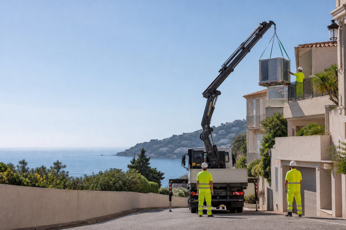 Mise en situation d’un camion-grue européen avec une équipe de levage pour rénovation de toiture-terrasse sur la croisette, hors saison, dans un environnement inspiré de Cannes