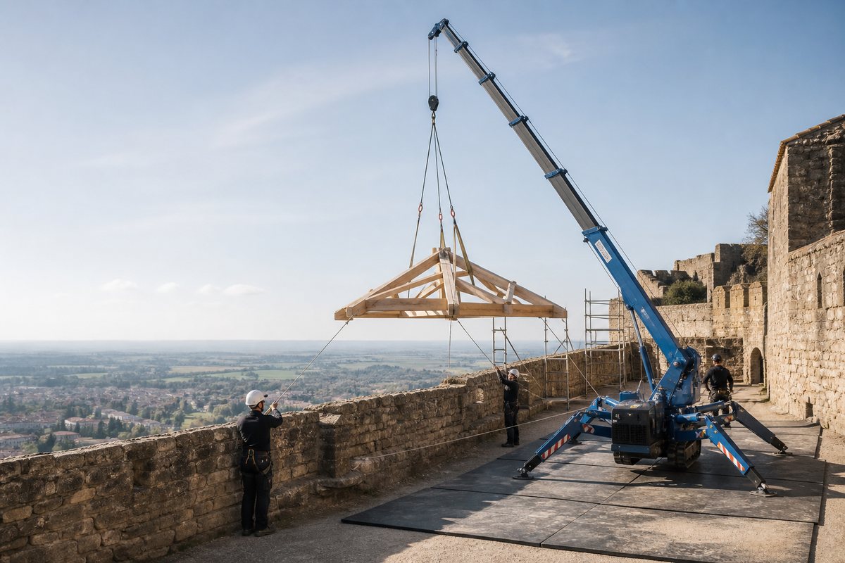 Mise en situation d’un mini-grue araignée avec une équipe de levage pour restauration d'une toiture, remparts de la cité, dans un environnement inspiré de Carcassonne