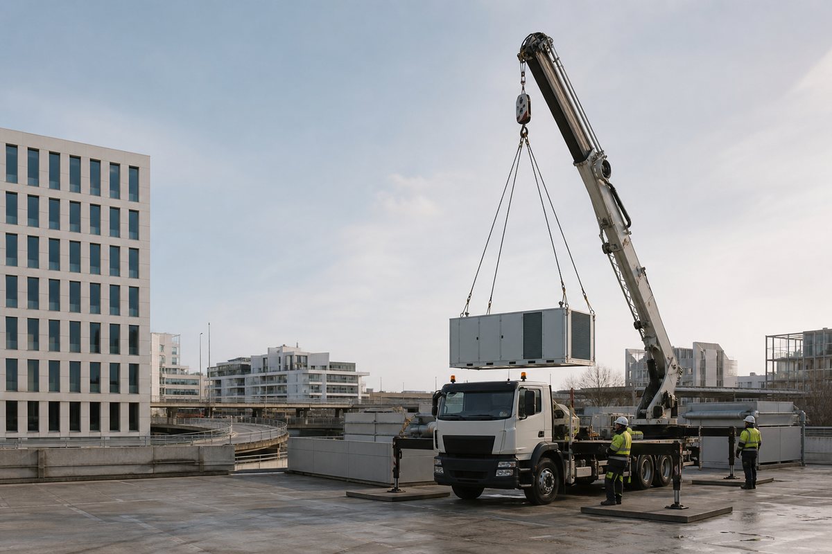 Mise en situation d’un camion-grue européen avec une équipe de levage pour remplacement de groupe froid sur immeuble de bureaux, cergy-préfecture, dans un environnement inspiré de Cergy