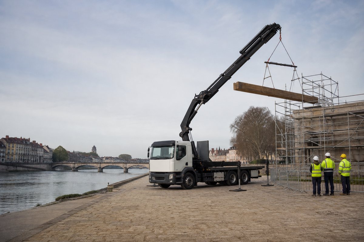 Mise en situation d’un camion-grue européen avec une équipe de levage pour rénovation en secteur sauvegardé de l'île saint-laurent, dans un environnement inspiré de Chalon-sur-Saône