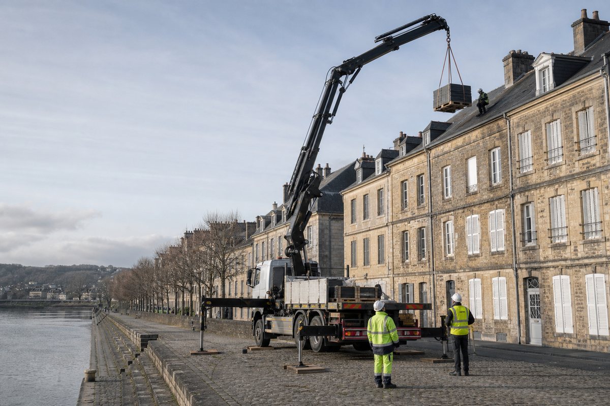 Mise en situation d’un camion-grue européen avec une équipe de levage pour réfection de toiture en ardoise, dans un environnement inspiré de Charleville-Mézières